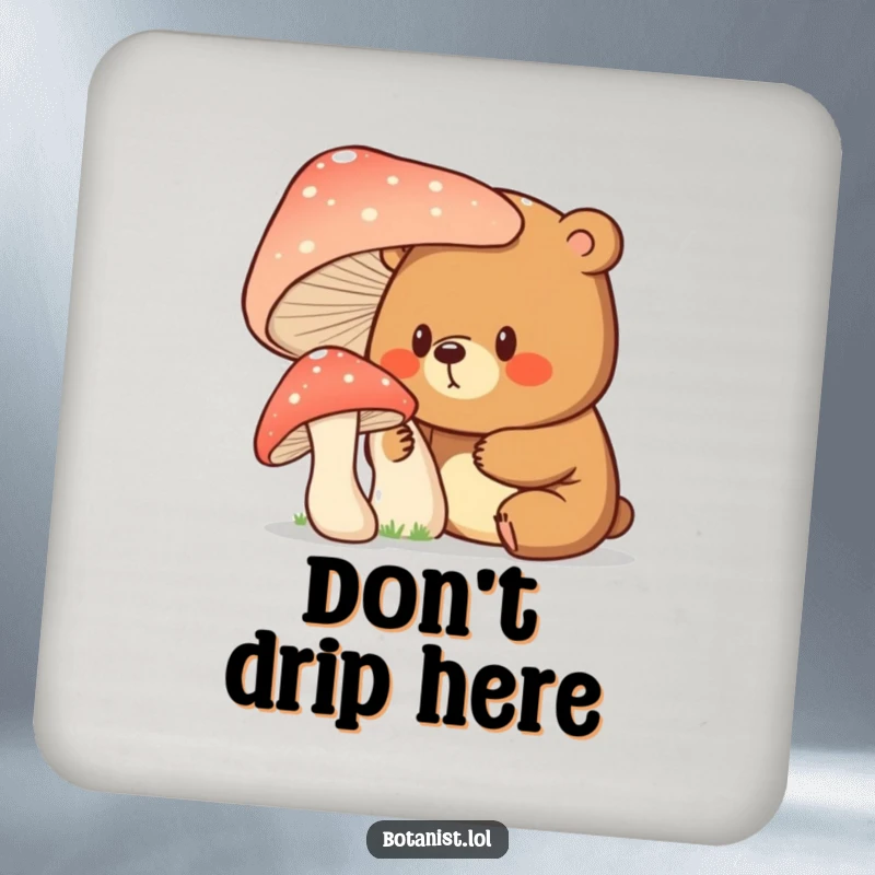 Funny bear with a surprised and curious expression examining a giant mushroom, featured on these protective and whimsical coasters.