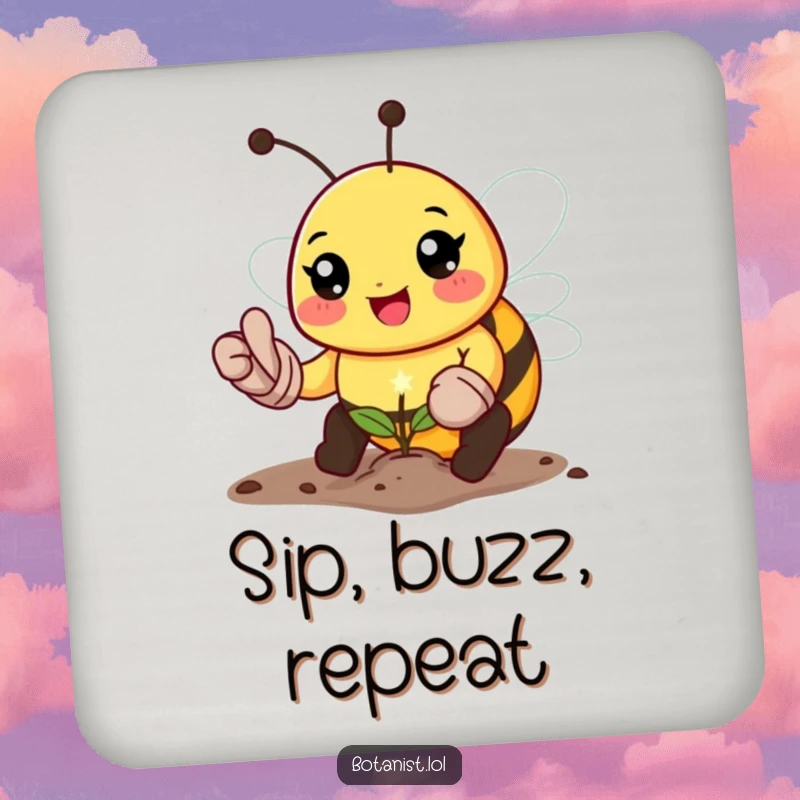 Funny bee gardener coaster, depicting a happy bee planting a tiny sparkling seed, protecting surfaces with charm and humor.