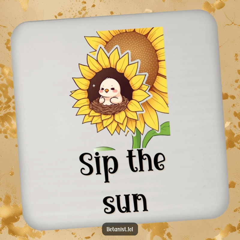 Funny coaster featuring a small bird looking pleased and cozy, nesting in a giant sunflower, adding serene humor to drink placement.