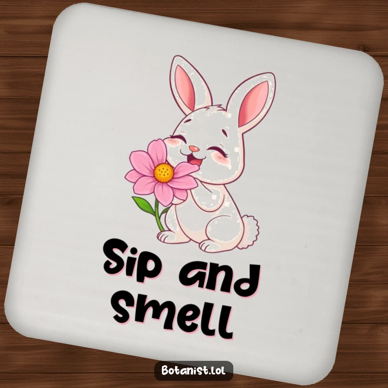 Funny drink coaster with a bunny in fits of laughter smelling a colorful flower, adding charm to surfaces.