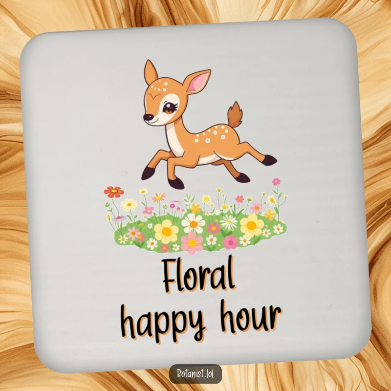 Funny Deer Coaster with a design of a graceful deer leaping over a bed of wildflowers, protecting surfaces with natural beauty.