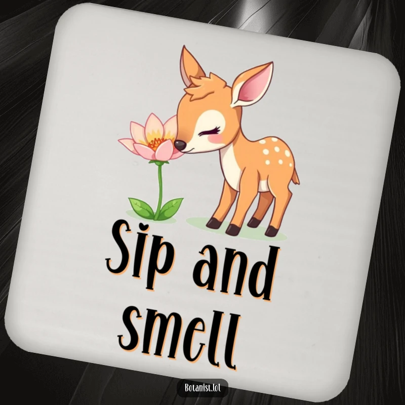 Funny Drink Coaster: A gentle deer curiously sniffs a shimmering flower, offering protection with natural elegance.