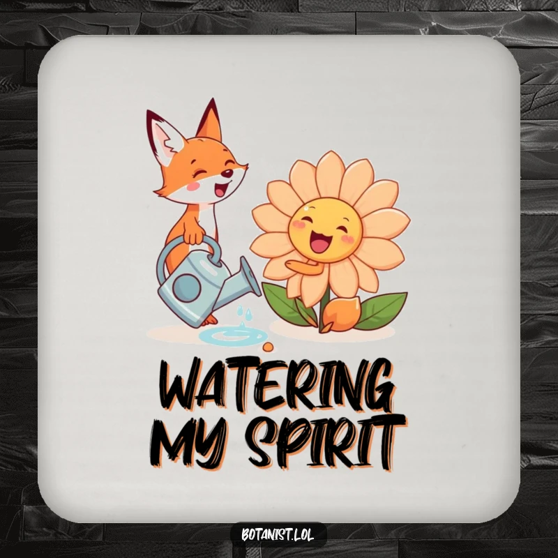 Funny cute fox with a watering can, nurturing a giant, smiling flower, featured on a protective and humorous coaster.