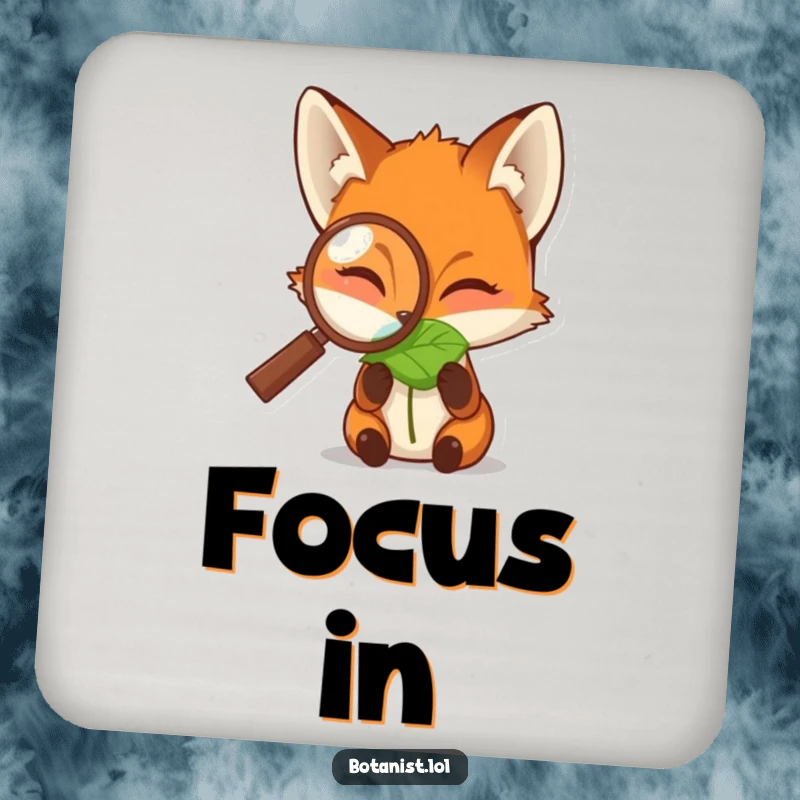Funny coaster featuring a fox peering through a magnifying glass at a dewdropped leaf, adding curious humor to drink placement.