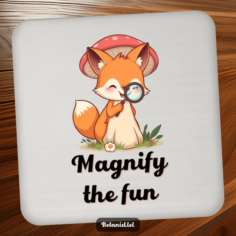 Funny coaster with a smiling fox examining a giant mushroom with a magnifying glass, adding a touch of curiosity.