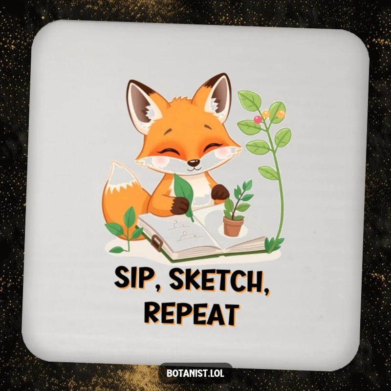 Funny drink coasters showing a fox sketching plants with a leaf, protecting tables with art, a funny gift set.