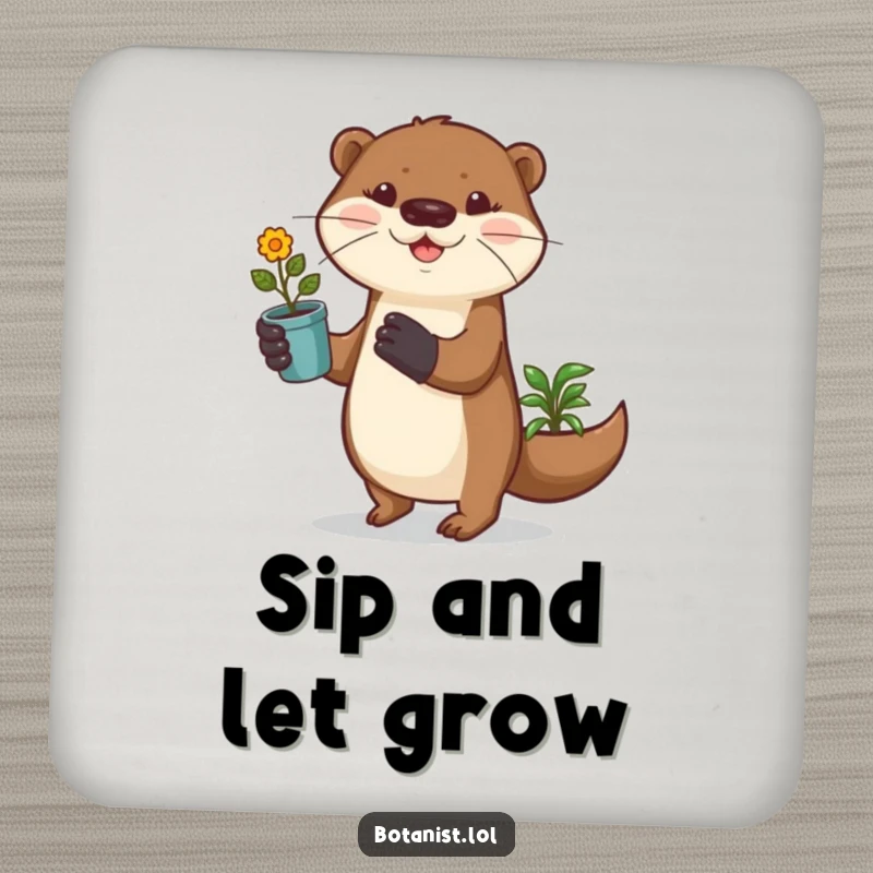 Funny otter in gardening gloves prances with a potted plant on this absorbent and humorous drink coaster.