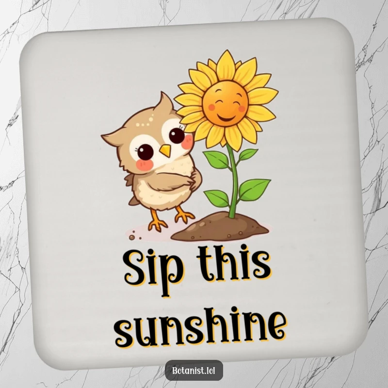 Funny Owl plants a seed that instantly sprouts a laughing sunflower on this absorbent and humorous drink coaster.