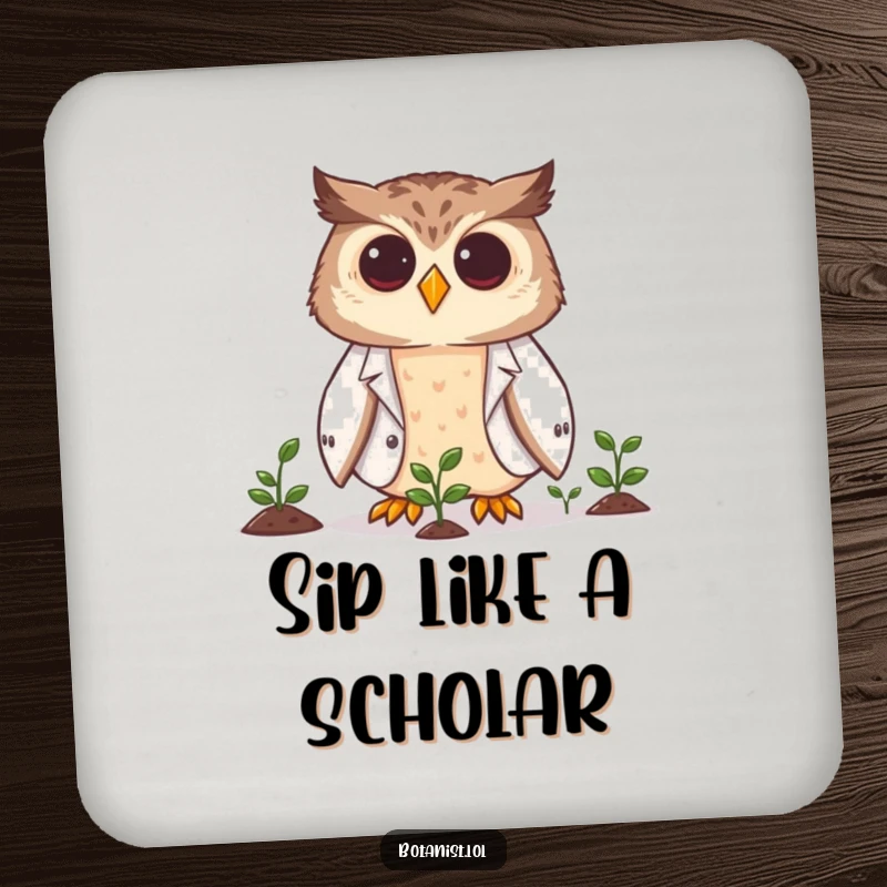 Funny owl scientist coasters with a smiling owl in a lab coat observing tiny plants, protecting furniture with humor.