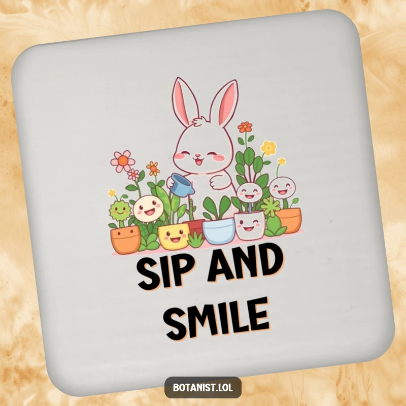 Funny rabbit gardener coaster, a giggling rabbit watering oversized smiling plants, protecting surfaces with garden humor.