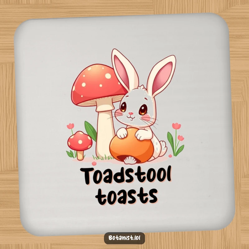 Funny drink coasters showing a rabbit admiring a mushroom, protecting tables with magic, a funny gift set.