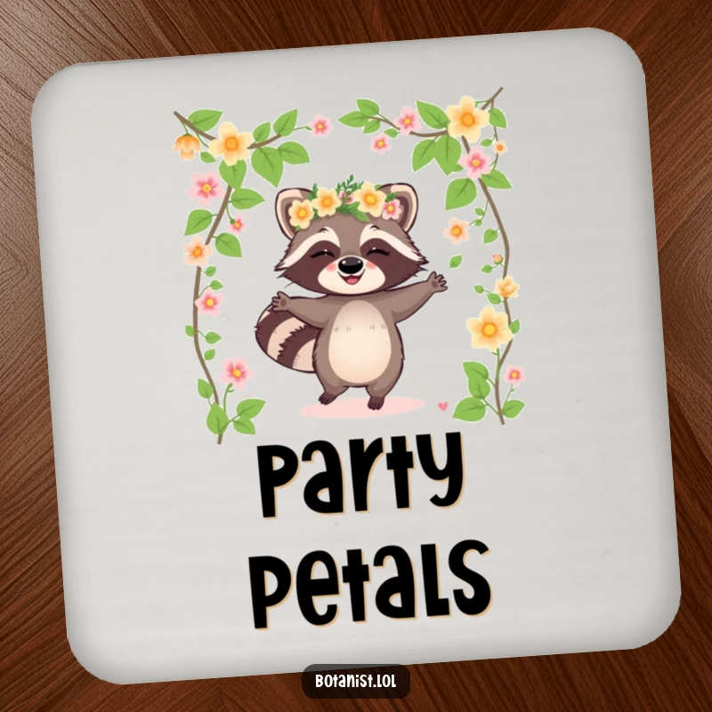 Funny raccoon coaster depicting a giggling raccoon wearing a flower crown and dancing among blooming vines, protecting surfaces with humor.