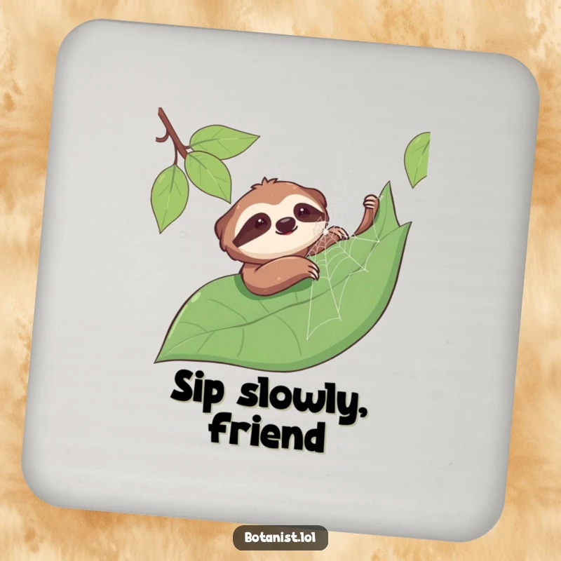 Funny sloth coaster depicting a smiling sloth gently stroking a dewy spiderweb on a leaf, protecting surfaces with humor.