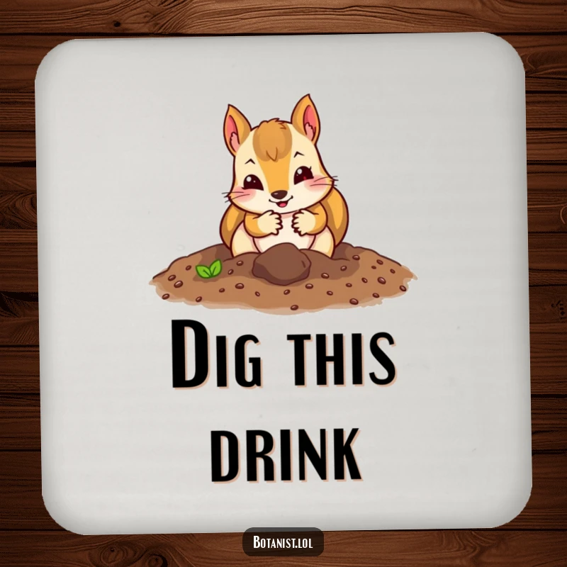 Funny squirrel gardener coasters with a curious squirrel in gloves digging enthusiastically in soil, protecting furniture with humor.