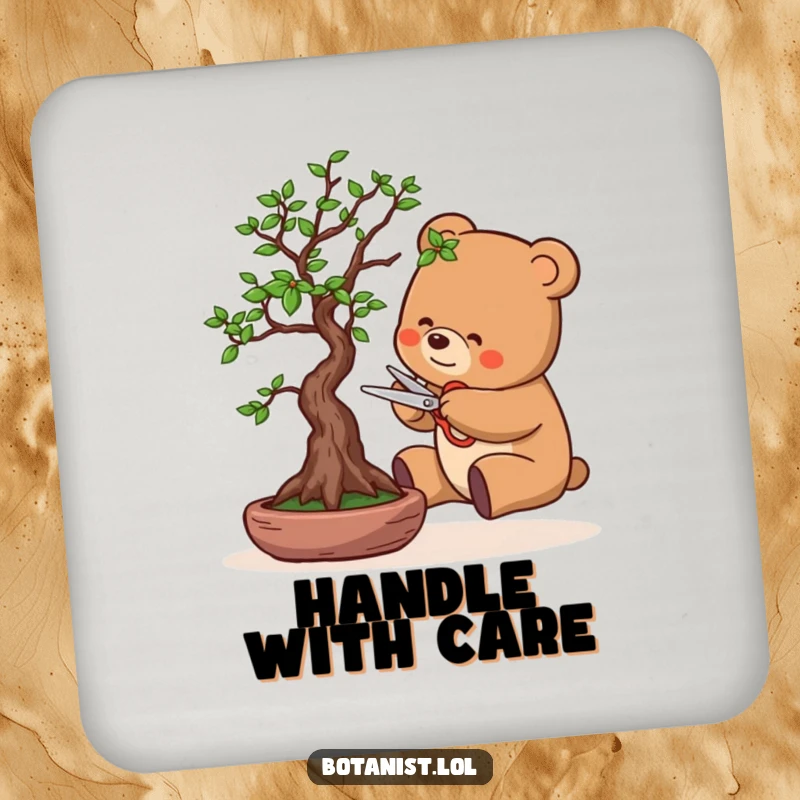 Funny drink coaster with a bear character meticulously pruning a bonsai tree with tiny scissors, offering a humorous touch to table protection.