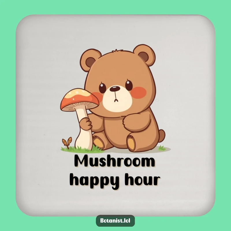 Funny Surprised Bear Mushroom Drink Coaster - Protect Surfaces with Curious Forest Art