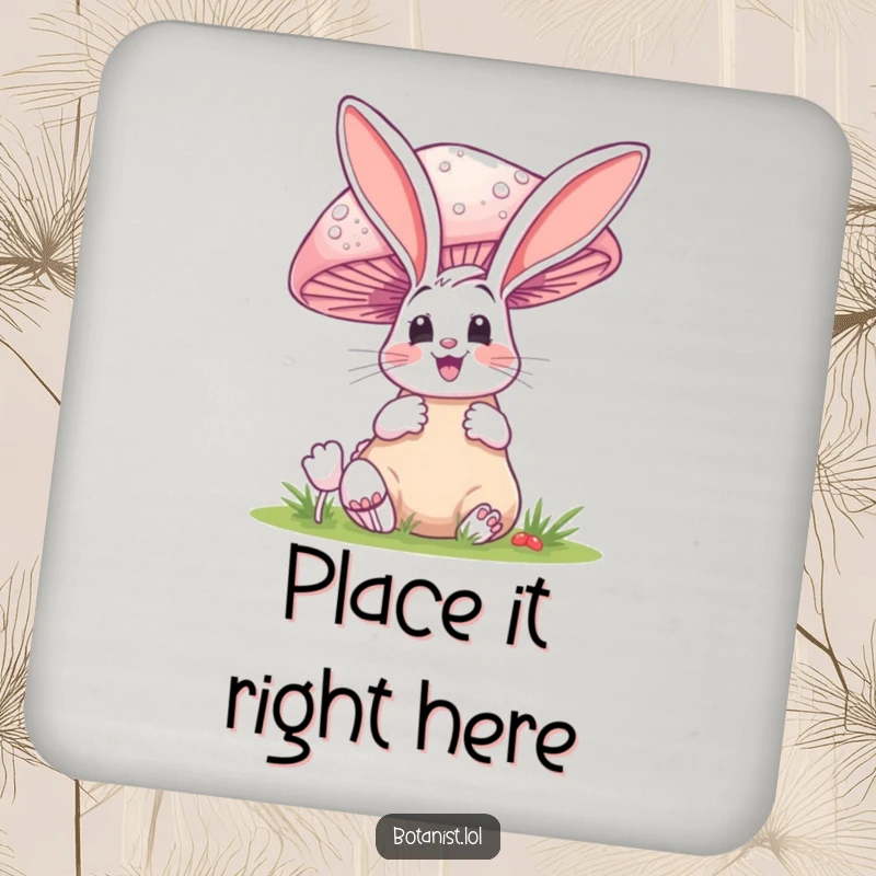 Funny drink coaster featuring a delighted bunny looking up at a huge mushroom, protecting surfaces.