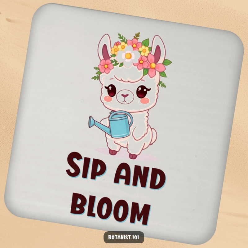 Funny Drink Coaster: A proud llama wearing a flower crown holds a watering can, offering stylish protection.