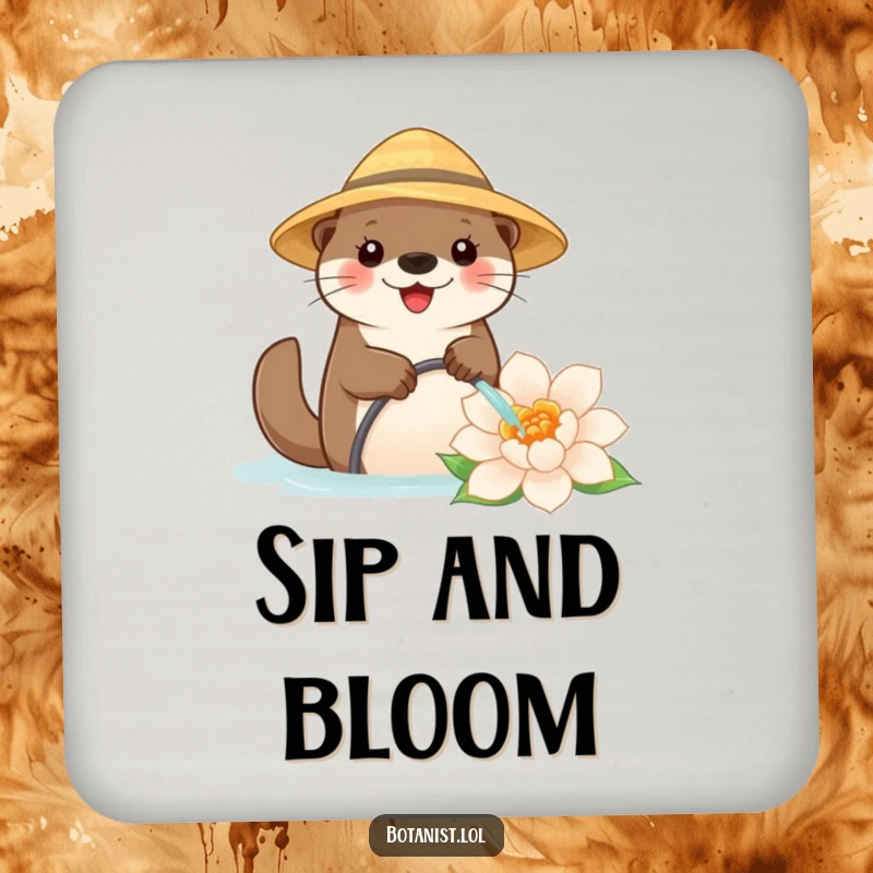 Funny drink coaster featuring a happy otter in a straw hat, watering a large flower, adding a touch of humor to any surface.