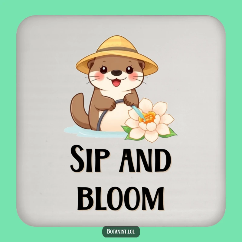 Funny Otter Gardener Drink Coaster: Protect Surfaces with a Happy Otter Watering Flower