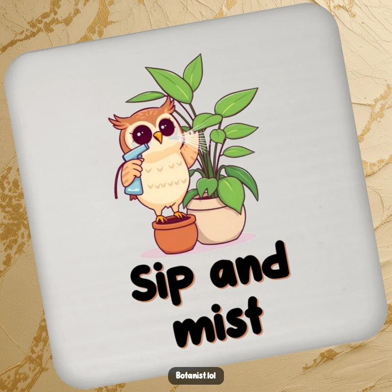Funny owl misting a giant plant with a spray bottle, a humorous coaster for drink protection. Perfect gift.