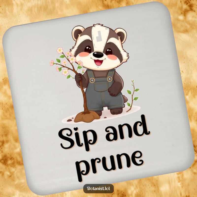 Funny Badger Drink Coaster depicting a happy badger in overalls, humorously pruning a tiny tree, safeguarding surfaces with a smile.