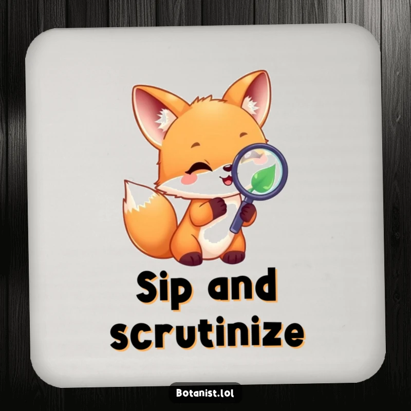 Funny joyful fox cub with a magnifying glass on a leaf, a humorous coaster for drink protection. Perfect gift.