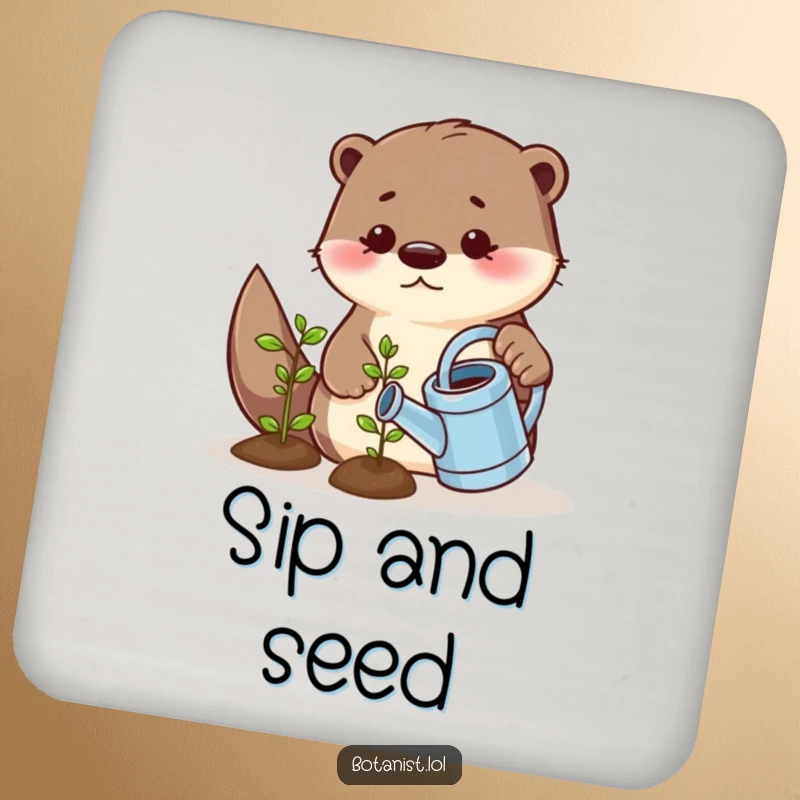Funny drink coaster featuring a playful otter with a watering can nurturing a smiling seedling, offering protection with adorable garden humor.