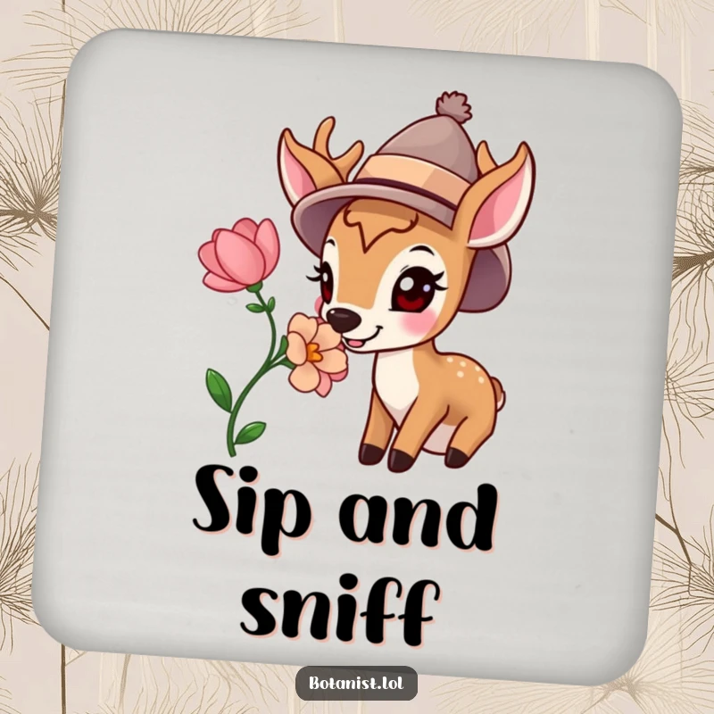 Funny drink coaster featuring a happy deer in a hat sniffing a beautiful bloom, offering charming protection with a hint of woodland humor.
