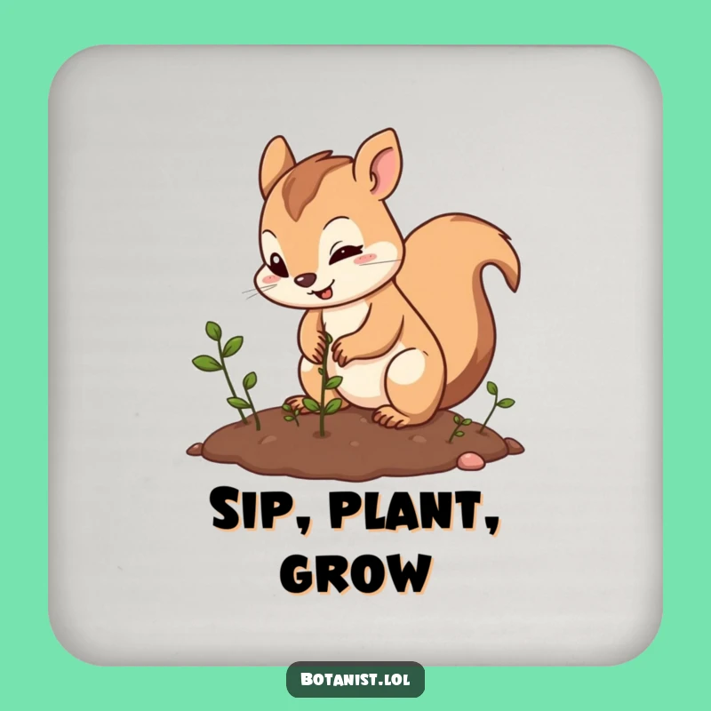 Funny Squirrel Planting Drink Coaster: Protect Surfaces with Hilarious Garden Charm
