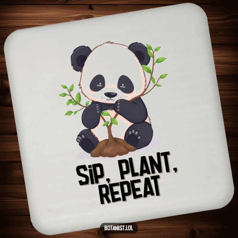 Funny Panda Drink Coaster: A diligent panda repots a miniature tree, offering zen decor and surface protection.
