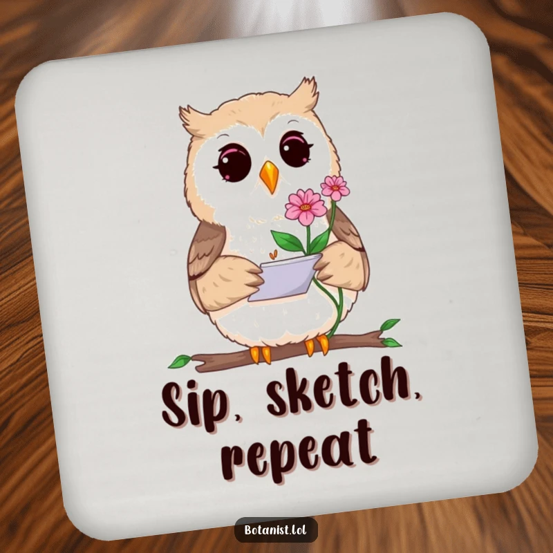 Funny drink coaster featuring a curious owl artist sketching a rare plant, protecting surfaces with a touch of artistic humor.