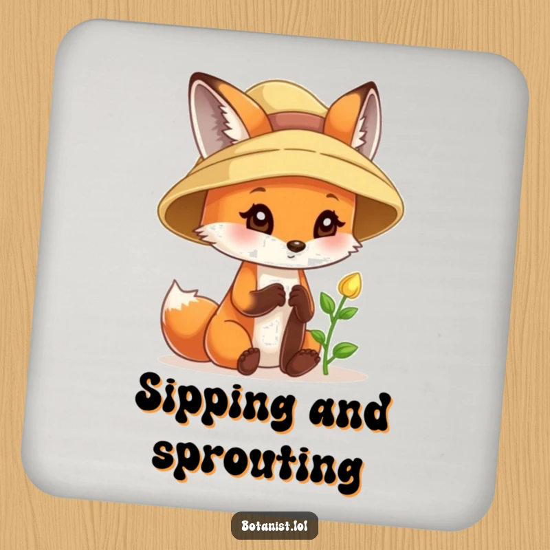 Funny fox sunhat drink coaster, curious fox examining a tiny sprout with delight, protecting surfaces.