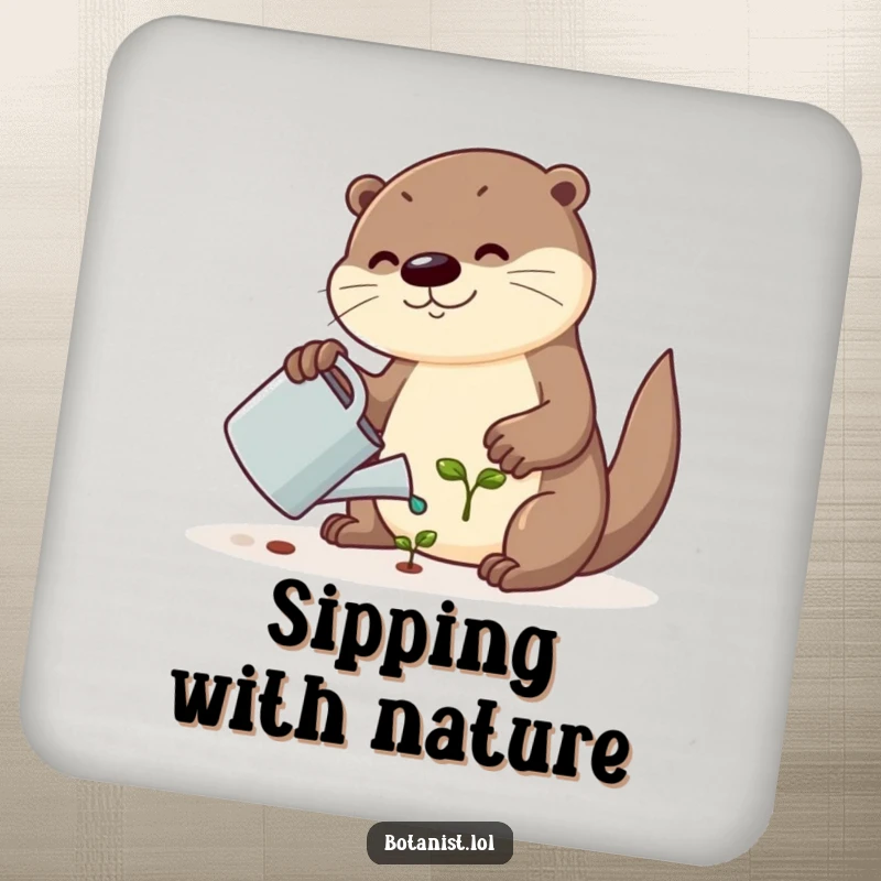 Funny drink coaster featuring a cute otter watering a tiny seedling, adding a touch of garden humor and protection.