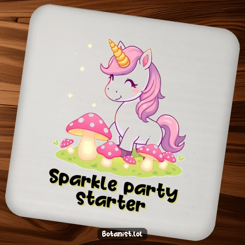 Funny Unicorn Coaster depicting a magical unicorn sprinkling pixie dust over glowing mushrooms, protecting surfaces with enchantment.