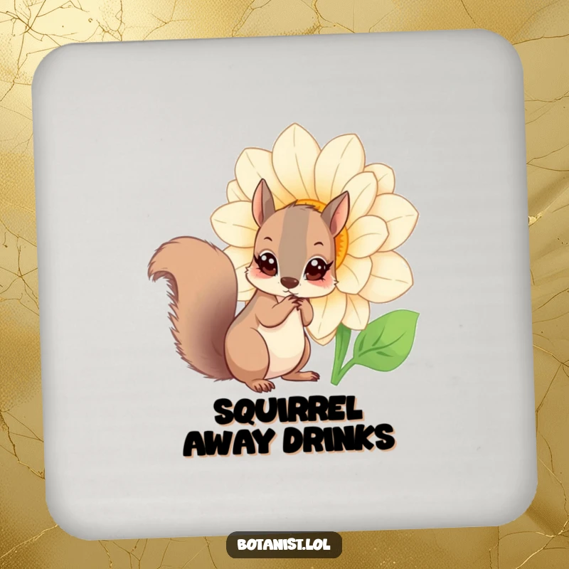 Funny squirrel flower coaster, a curious squirrel with wide eyes looking at a giant blooming flower, protecting surfaces humorously.