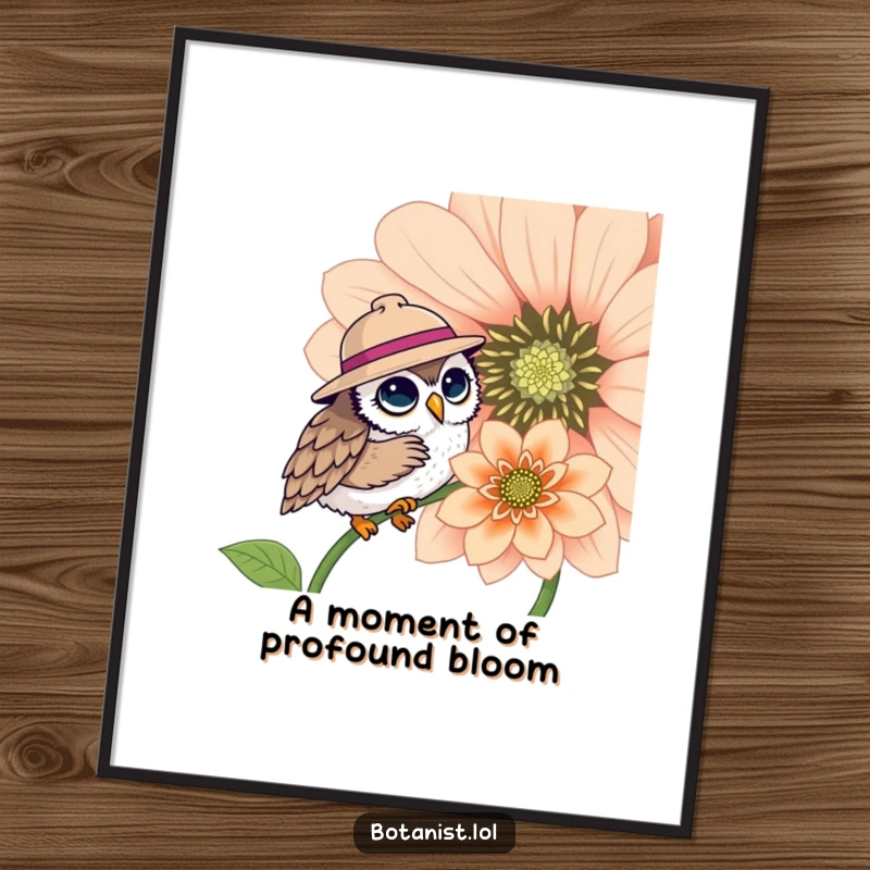 Funny poster showcasing a cute owl with a hat, fascinated by a gigantic, vibrant flower, perfect for whimsical wall art, funny gift.