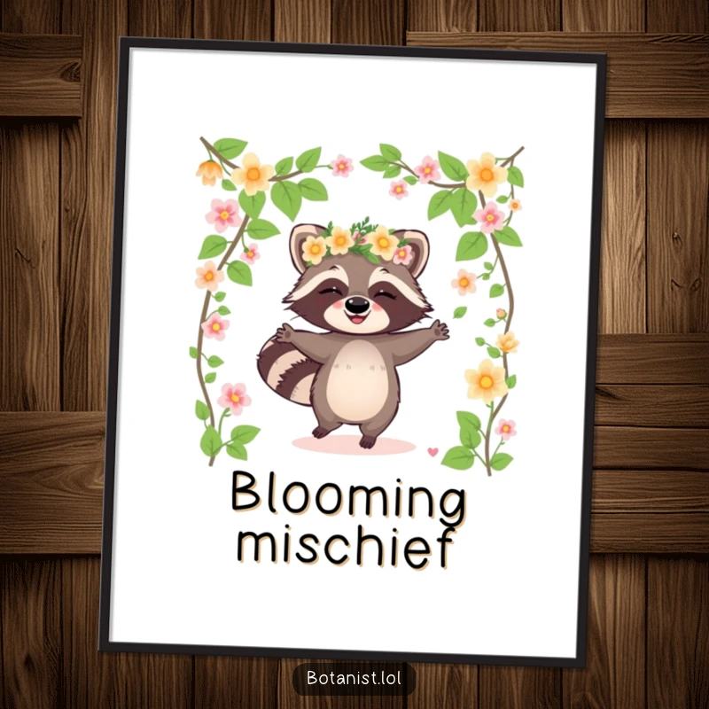 Funny raccoon poster depicting a giggling raccoon wearing a flower crown and dancing amidst blooming vines, cheerful wall art.