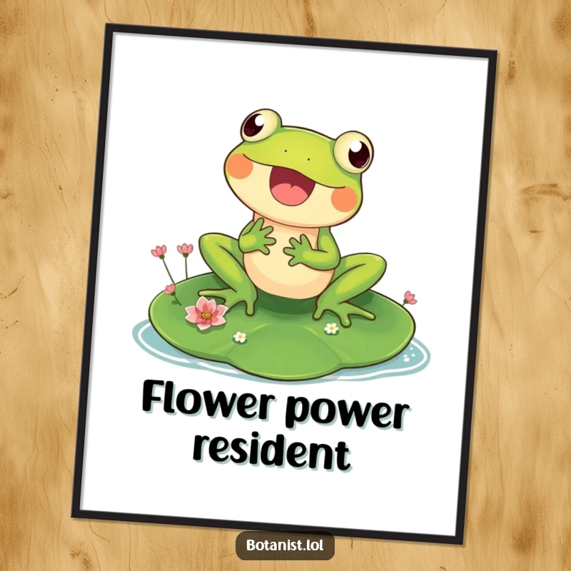 Funny poster print of a delighted frog on a large lily pad, observing tiny flowers, conveying gentle and peaceful humor.