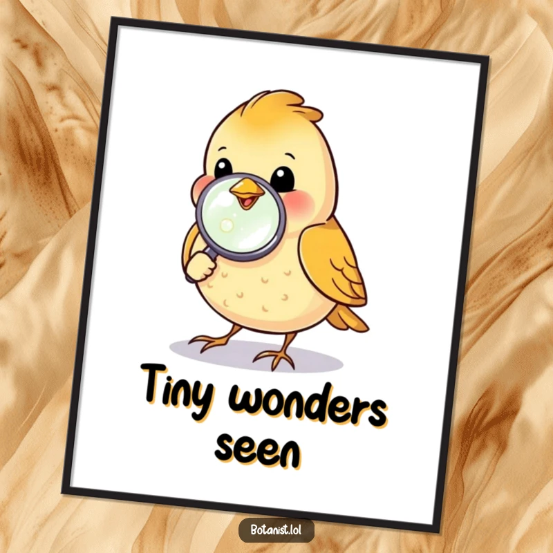 Funny happy bird inspecting a dewdrop with a magnifying glass, a whimsical and curious wall art piece.