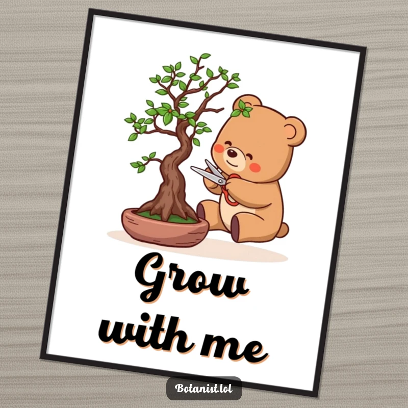 Funny poster of a bear with tiny scissors, meticulously pruning a bonsai tree with an air of great concentration and gentle humor.