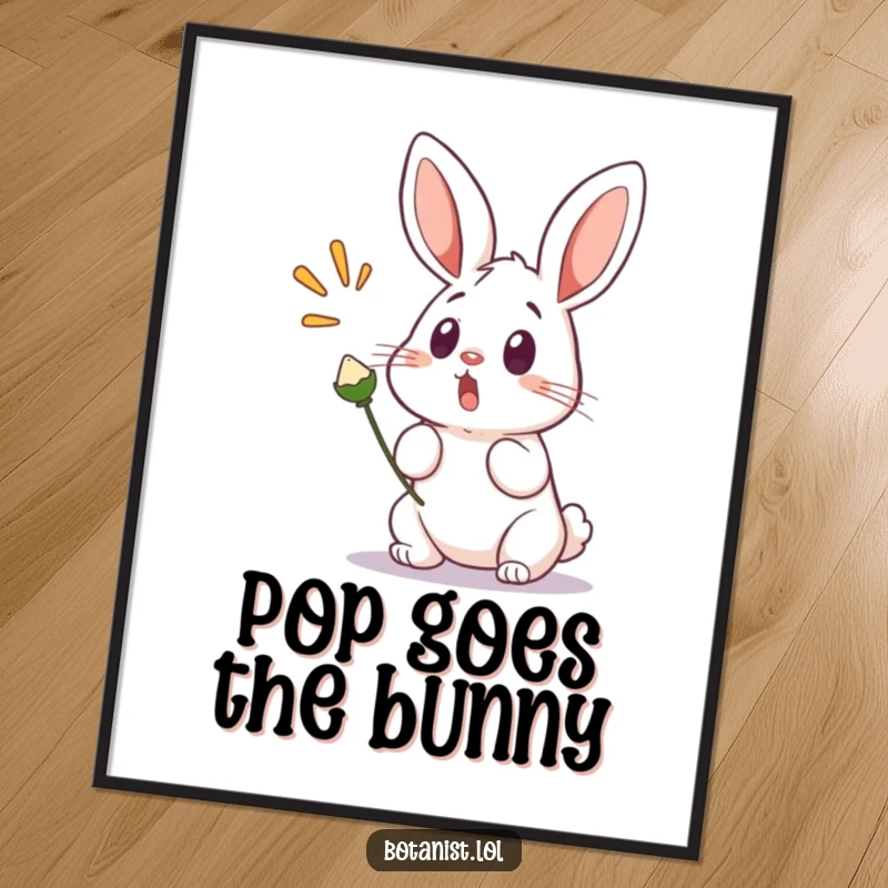 Funny poster featuring a surprised bunny with wide, comical eyes, startled by a popping seed pod, creating a charming and humorous scene.