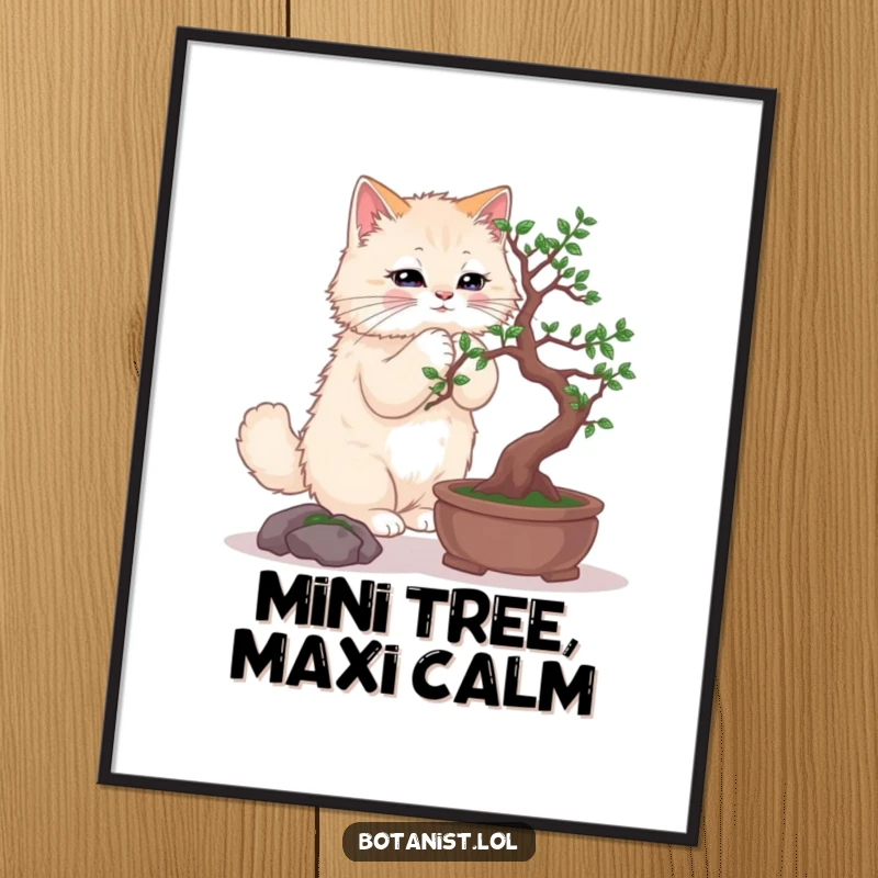 Funny poster art of a fluffy cat precisely trimming a small bonsai tree, radiating peaceful concentration.