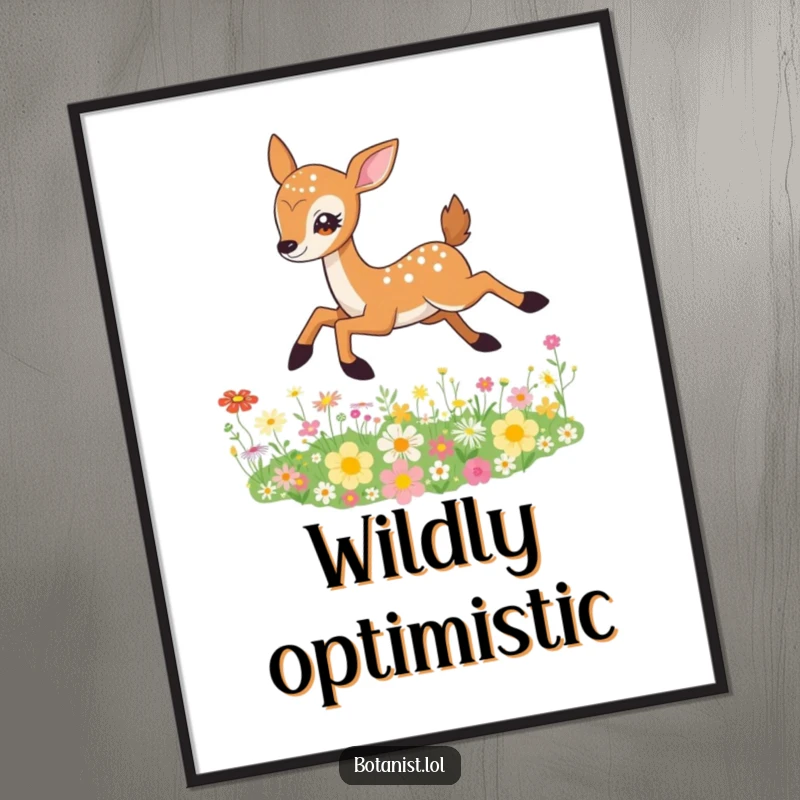 Funny Deer Poster art of a deer gracefully leaping over a lush bed of colorful wildflowers, with eyes that sparkle with life.