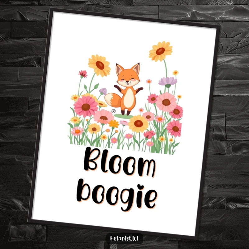 Funny poster of a playful fox dancing merrily in a meadow filled with gigantic, multi-colored wildflowers.
