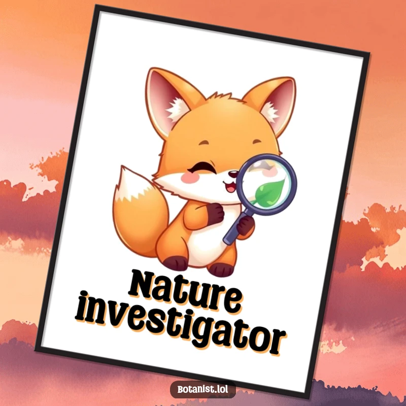 Funny joyful fox cub using a magnifying glass on a leaf, humorous wall art for nature enthusiasts. Perfect gift.