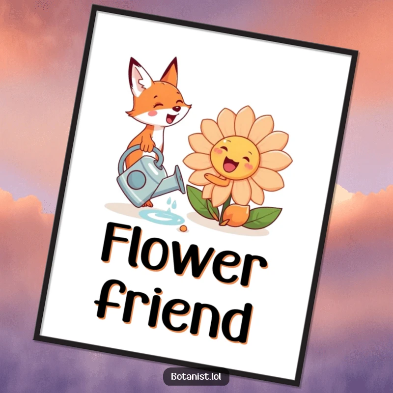 Funny cute fox with a tiny watering can, nurturing a giant, smiling flower, presented as charming wall art.