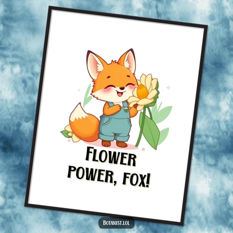 Funny fox gardener poster featuring a cute fox in overalls looking up at a massive, intricately detailed flower.