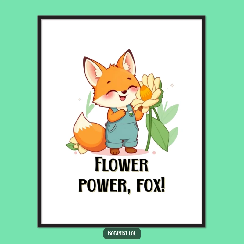 Funny Fox Gardener Poster: Whimsical Art of a Cute Fox, Giant Flower, Perfect Funny Gift!
