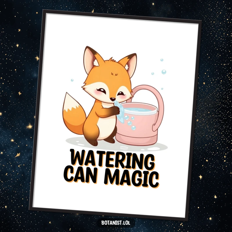 Funny curious fox poster, dipping its paw into bubbly water from a giant watering can, creating humorous wall art.